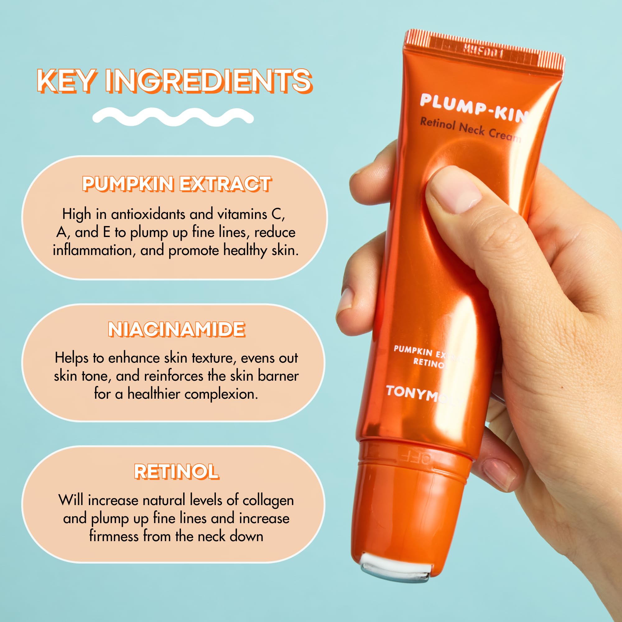 TONYMOLY Plump-kin Retinol Neck Cream Roller – Anti-Aging Neck Cream for Tightening & Firming, Pumpkin Extract + Retinol, Hydrolyzed Collagen, 1.69 fl oz