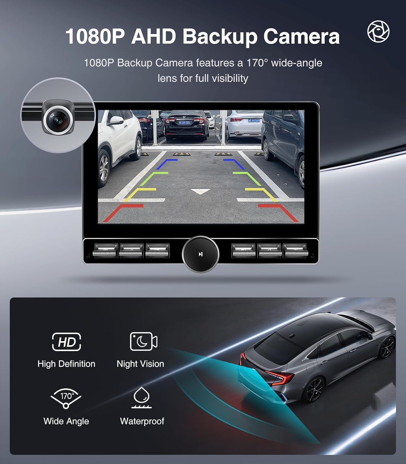 Car stereo display showing 1080P AHD Backup Camera view