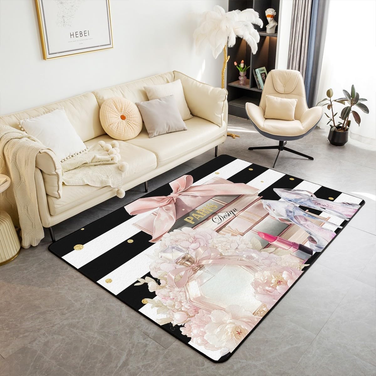 jejeloiu Pink Fashion Area Rug 3x5 Kids Black White Striped Living Room Rugs for Bedroom for Boys Girls Teens Floral Decorative Carpet Non-Slip Perfume High Heels Books Indoor Floor Mat