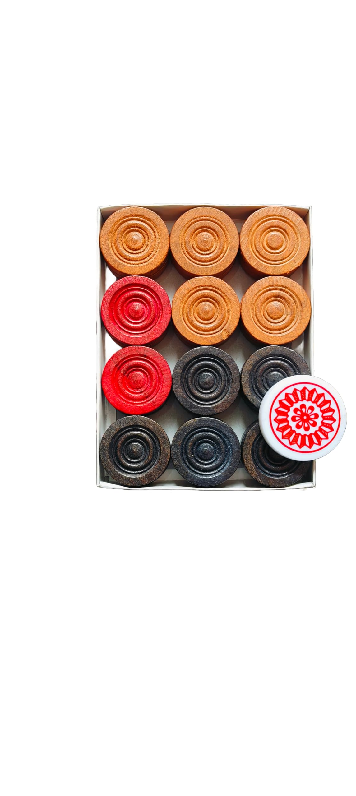 CRAZX Wooden Carrom Coins Set of 24 with 2 Queens, 8mm Striker & 50gm ultrasmooth Carrom Powder 2