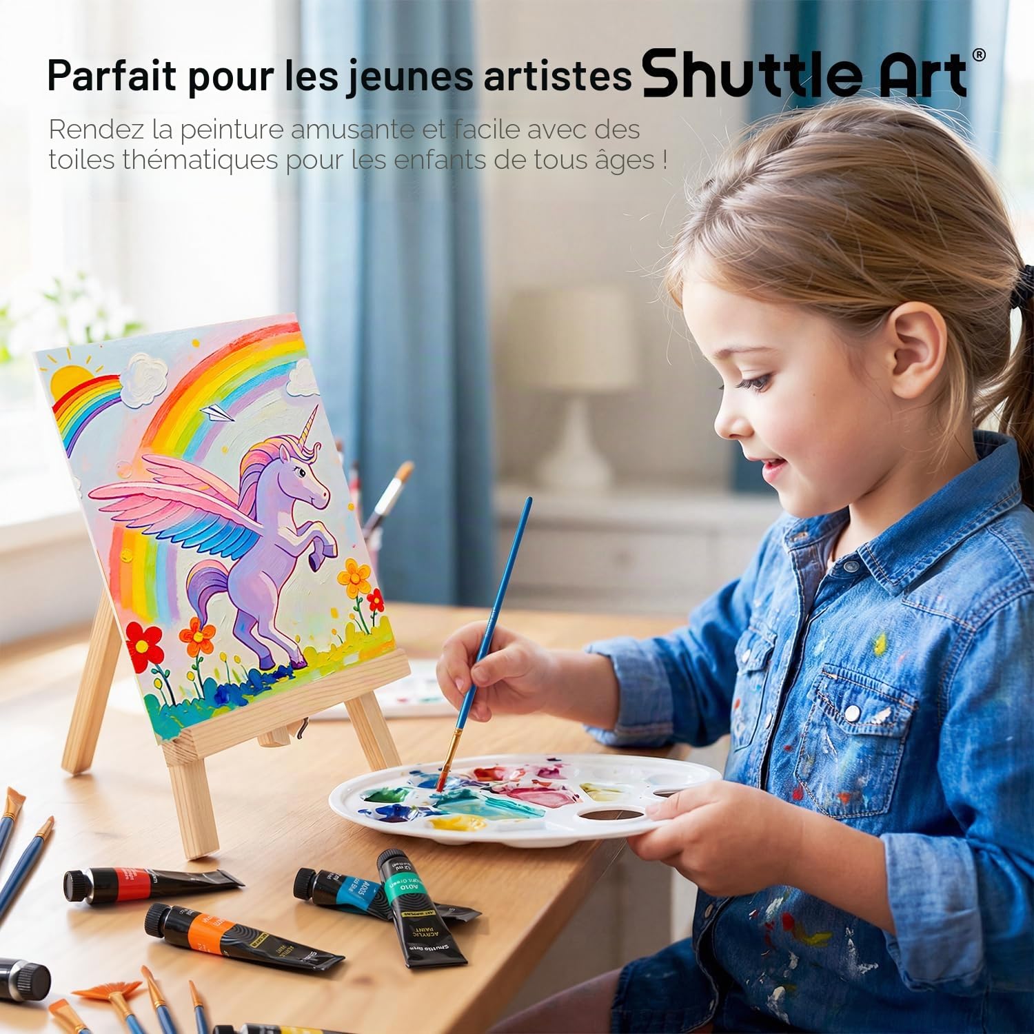 Shuttle Art Chevalet Peinture Enfant, 69PCS Kit Peinture Acrylique Inclus 30 Couleurs Peinture Acrylique, Chevalet, Toile, Pinceau, Palette, Kits de Peinture pour Enfants