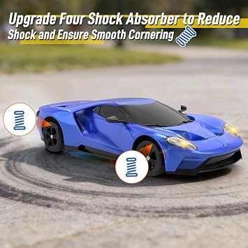 YONCHER RC Drift Car, Remote Control Car for Kids Ford GT Officially Licensed, 1:24 20KM/H 4WD RC Cars with Lights, Fast Racing Toy Car for Boys Girls, Blue