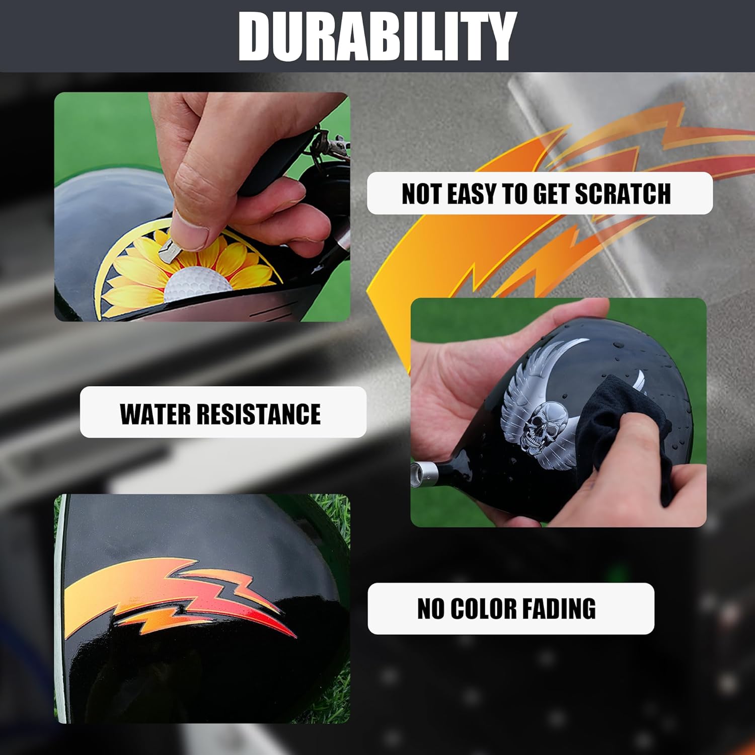 Collage showing a decal being scratched, water resistance, and no color fading, highlighting durability features