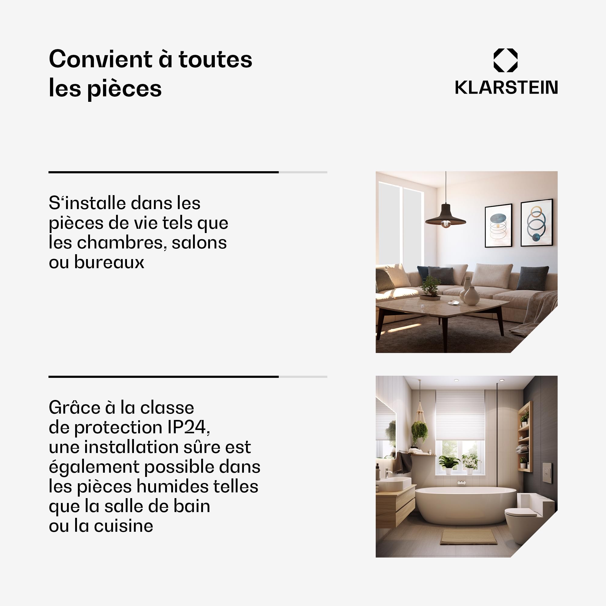 Klarstein Radiateur Electrique Mobile, Chauffage Electrique Mural Intelligent 2000W à Faible Consommation d'Energie pour Maison, Salle de Bain, Silencieux,Thermostat, Roulettes
