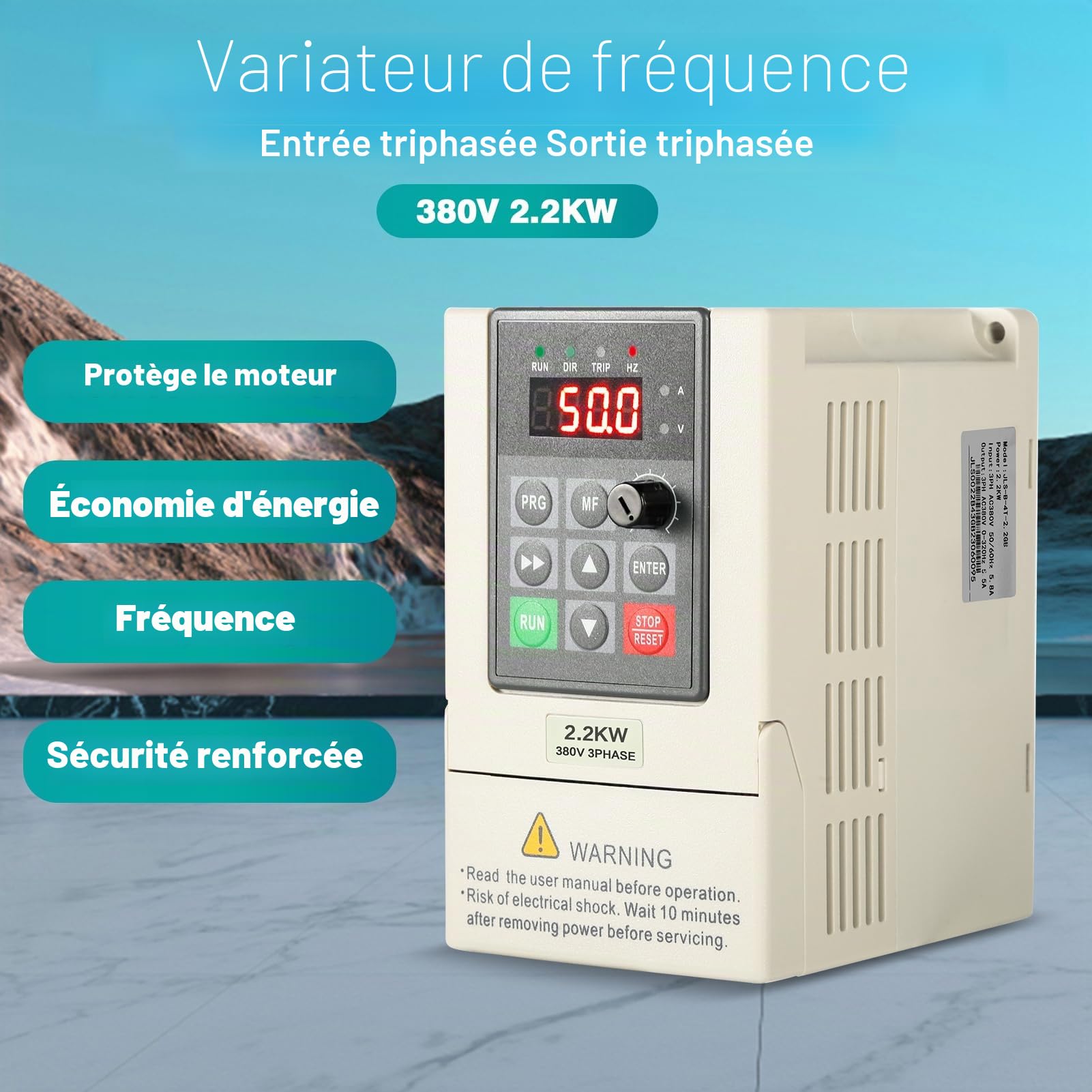 Convertisseur de Fréquence, Variateur de Vitesse VFD 380V 2,2 kW Convertisseur de Vitesse Triphasé Entrée Sortie 380V pour le Contrôle de la Vitesse du Moteur avec Câble de Rallonge 2m
