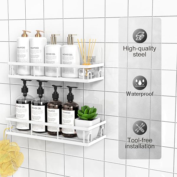 Estanteria Baño, Resistente al Agua y al Oxido, Estanteria Ducha sin Taladro, Organizador Baño para Champú y Gel de Baño (Blanco- 2 Piezas) - 3