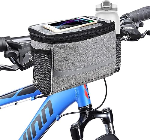 Bolso para manubrio de bicicleta, con bolsillo de malla, aislamiento frío y caliente, correa reflectante, bolsa transparente táctil para teléfono,