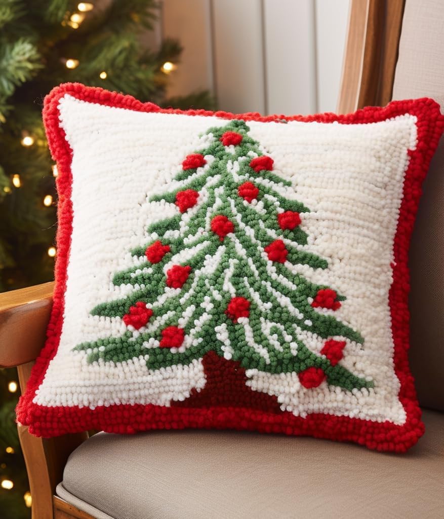 Green and White Christmas Tree Latch Hook Pillow Kits for Beginner Needle Crochet Yarn Kits with Stamped Canvas Embroidery Cushion Hook and Latch Throw Pillow Christmas Decoration 43x43cm