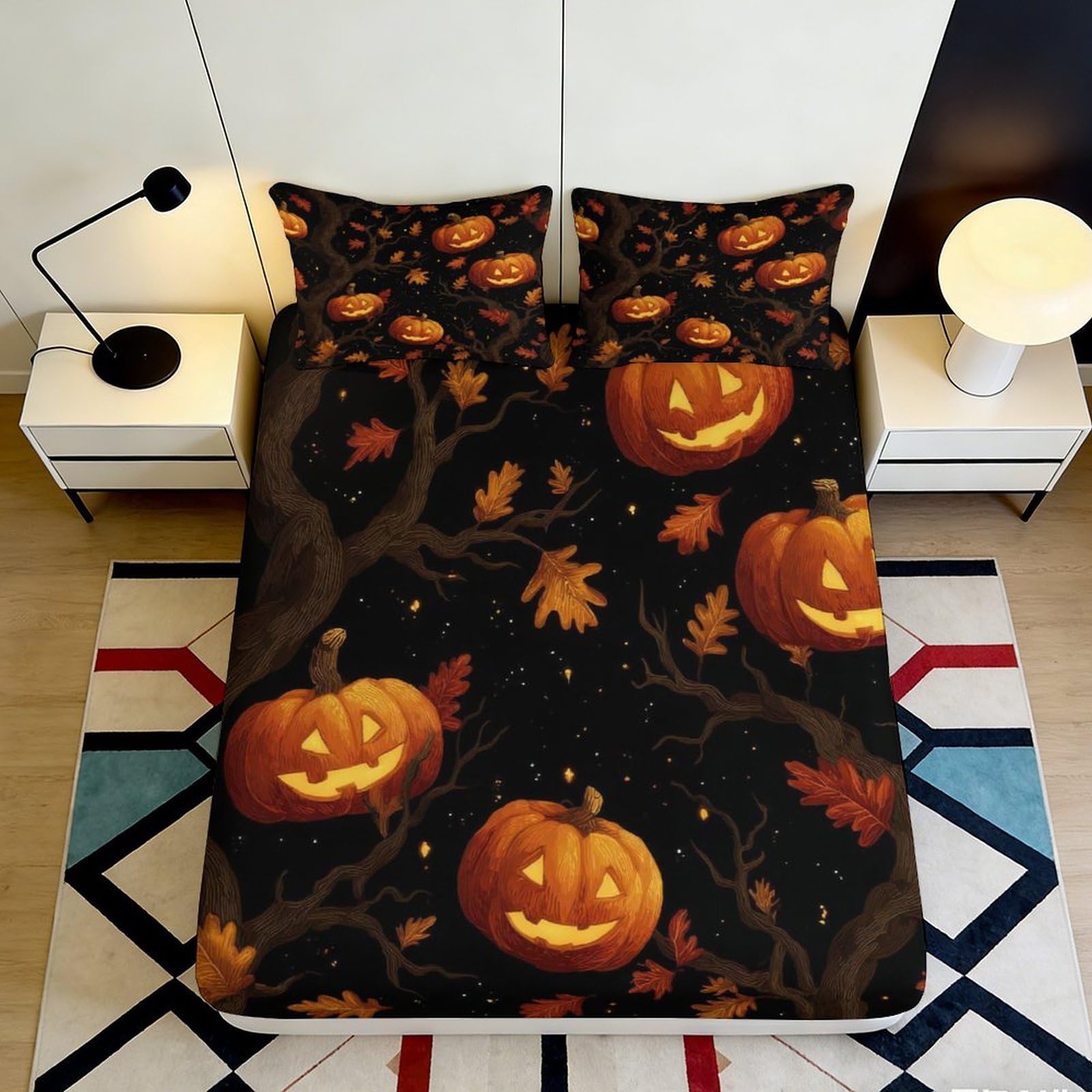 Uxinyoume Style-10 3D Printed Halloween Pumpkin Fitted Sheet Microfiber Soft Bedroom Decor Autumn Leaves Bed Cover For Home Guest Room 90X200x25cm