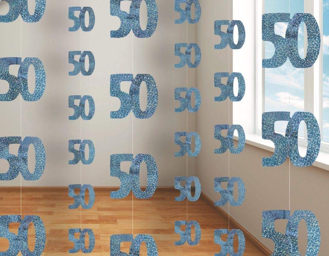 Shatchi 50th Glitz Blue Anniversary Birthday Metallic Hanging String Decorations, Shiny Foil Banner for Party Doors and Walls, Pack of 6
