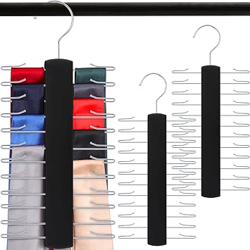Sawysine 2 Pack Wooden Tie Rack Tie Hangers for Men 24 Hooks Tie and Belt Hangers 360 Degree Swivel Tie Organizer Closet Ties Belts Scarf Accessories Black