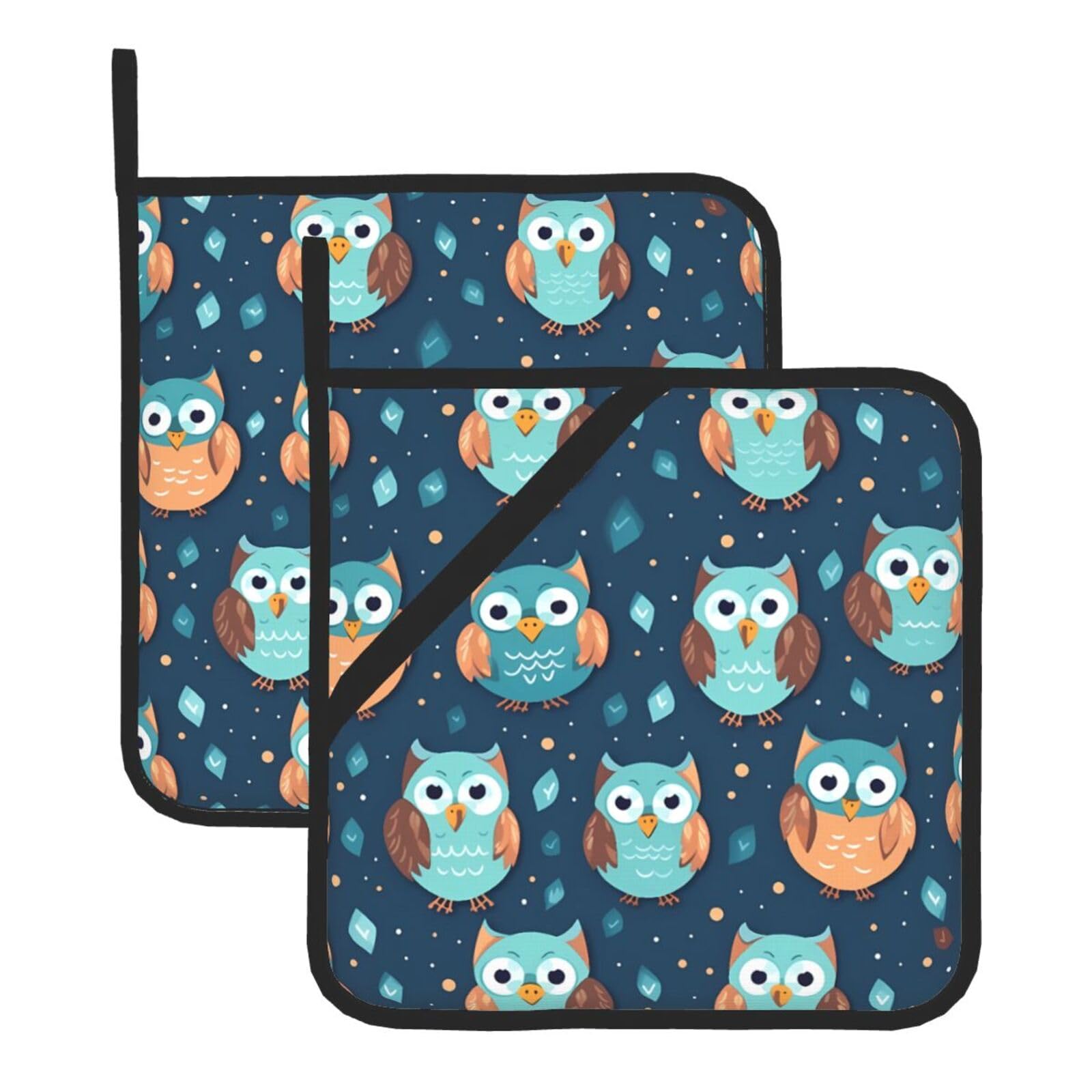 HJFCZH Cute Owl Printed Square Insulated Pot Mat Set (2-Piece) 8x8in Waterproof, Thickened & Easy to Clean with Lanyard Design for Kitchen, Oven & BBQ
