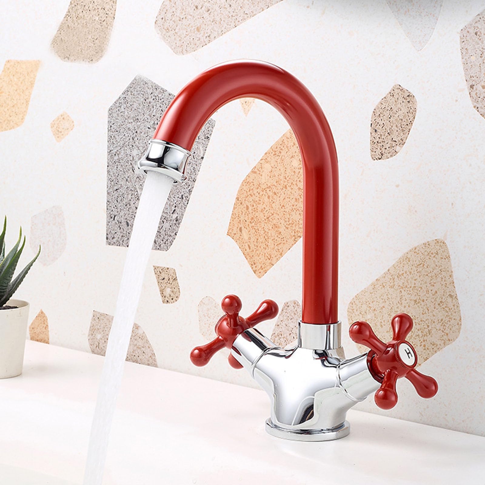 Grifo Lavabo Baño Cuello de Cisne Rotación de 360° Grifos para Lavabos de Baño 2 Perillas,rojo