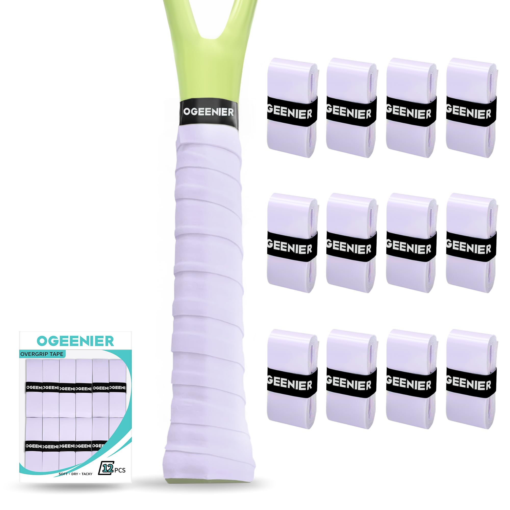 OGEENIER Tennis Racket Grip Tape, 3/6/12 Pack Overgrip, Pre-Cut | 13 Colors, Tacky, Extra-long, Soft&Comfort PU, Works on Pickleball/Badminton/Squash, Pre-cut, Wraps in Under a Minute