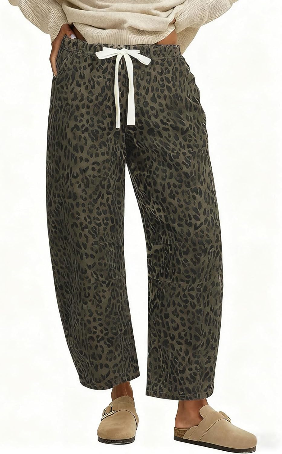 loveimgs Women Baggy Cheetah Print Barrel Jeans Leopard Printed Denim Barrel Pants Elastic Waist Wide Leg Jean Drawstring Y2k - Image 4