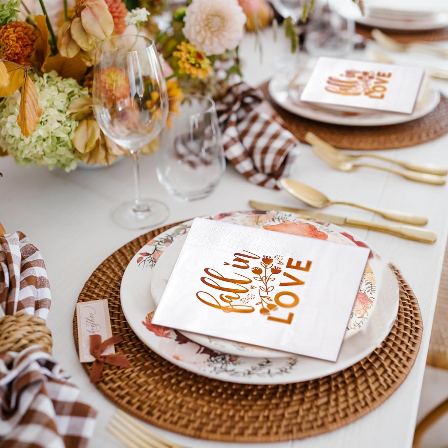 WRAPAHOLIC 50Pcs Fall in Love Bridal Shower Napkins - 3-Ply Foil Fall in Love Disposable Paper Luncheon Napkin for Engagement Wedding Party Supplies Tableware - 6.5 x 6.5 In