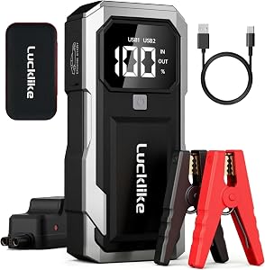 6000A Car Battery Booster Jump Starter, 12V Lithium Battery Booster Pack for All Gas and 12.0L Diesel Engines 26800mAh Portable Car Jump Starter with Jumper Cables, Power Bank & LED Light