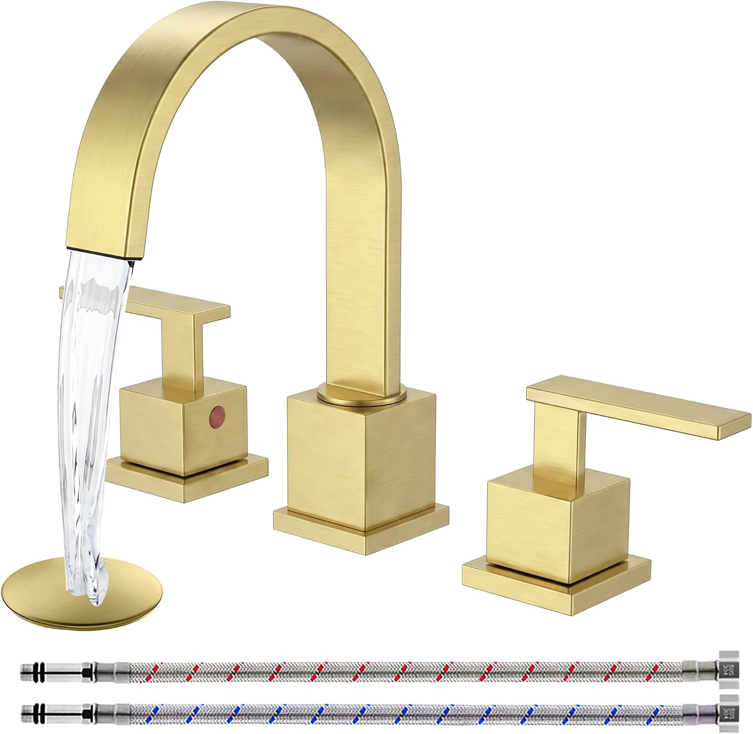KINGO HOME Gold Bathroom Faucet, Brushed Gold Faucets Bathroom 3 Hole 8inch Widespread Waterfall 2 Handle Brass Faucets Bath Sink Vanity Faucet with Pop Up Drain and Supply Lines
