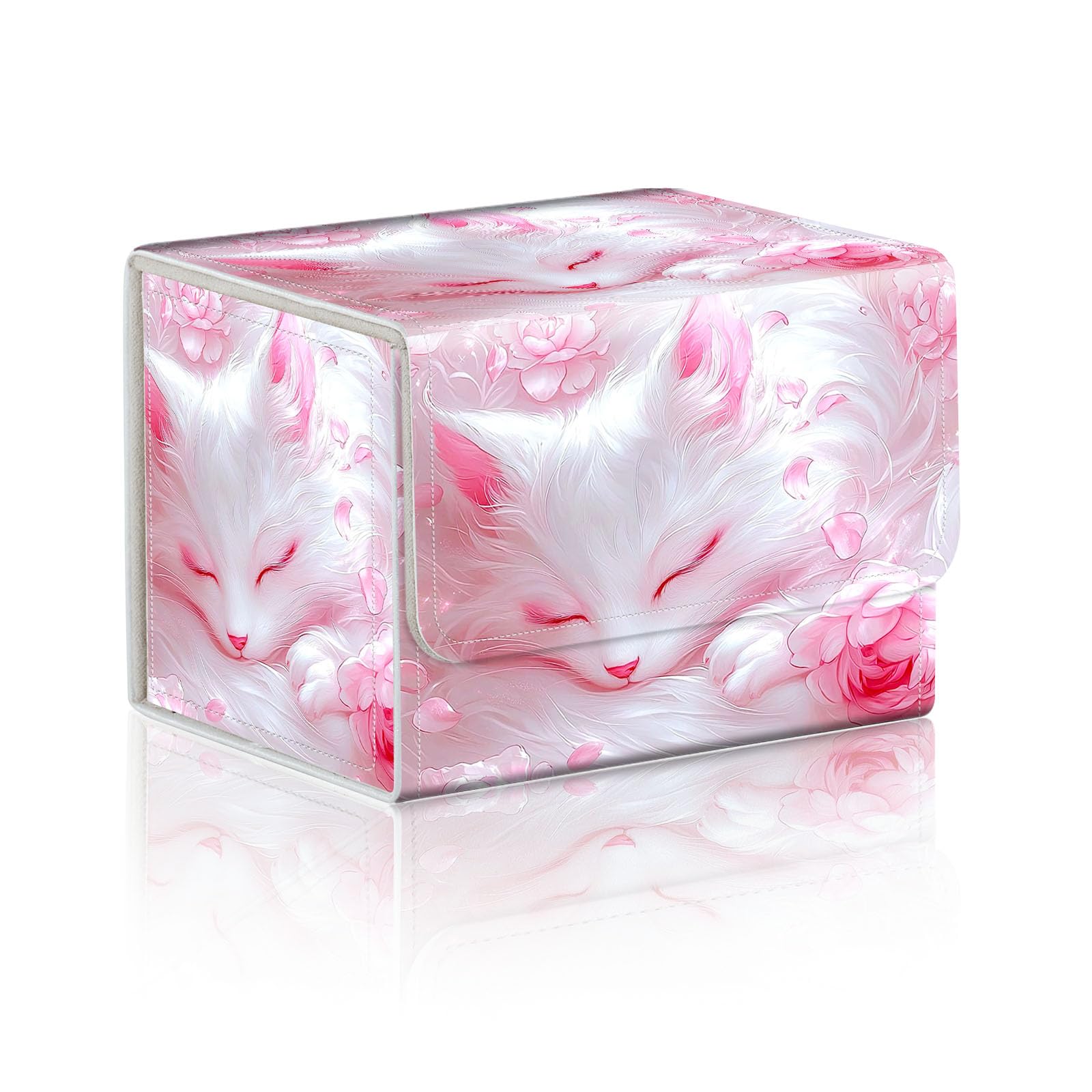 DISUOFEART Trading Card Storage Box, Holds 100+ for MTG Cards, Premium PU Leather with Magnetic Closure, Pink - Flowered White Cat Durable Deck Box for Magic the Gathering, Trading Card Games