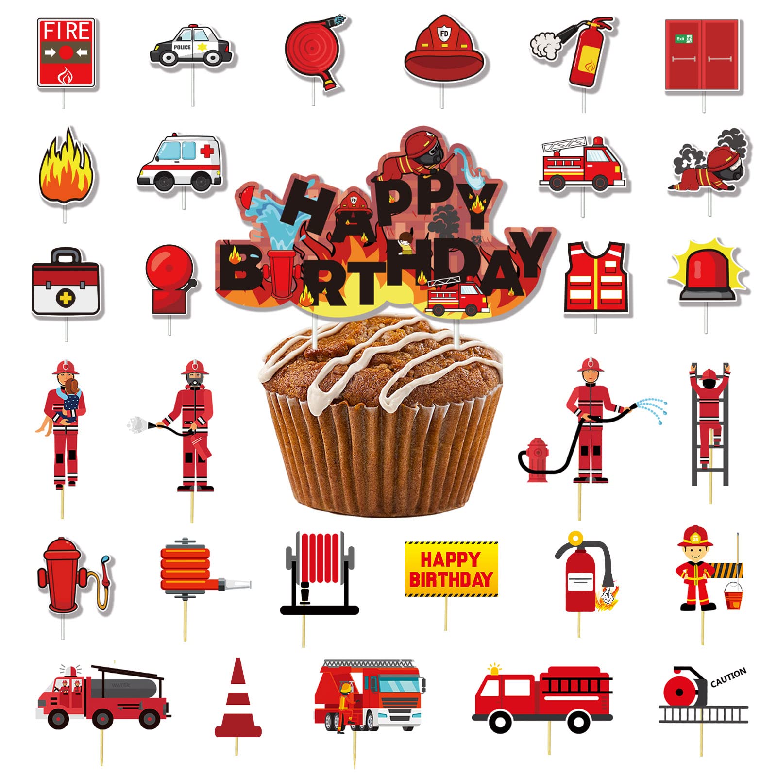 30PCS Fireman Cupcake Toppers, Firefighter Fire Hat Extinguisher Fire Truck Cupcake Toppers for Firefighter Theme Party, Firetruck Birthday Decorations