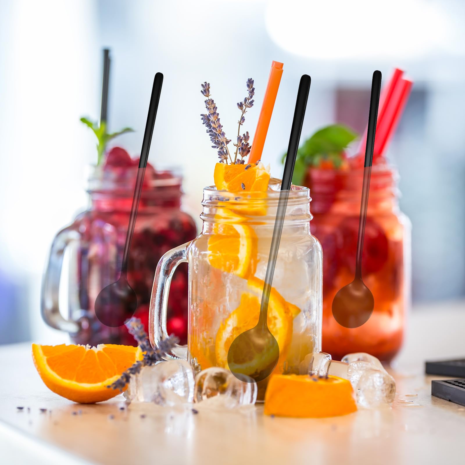 4 cucharas de café de acero inoxidable negro satinado, 6,7 pulgadas, cucharas de té helado, espresso para espresso, cucharas de postre, cucharas grandes redondas