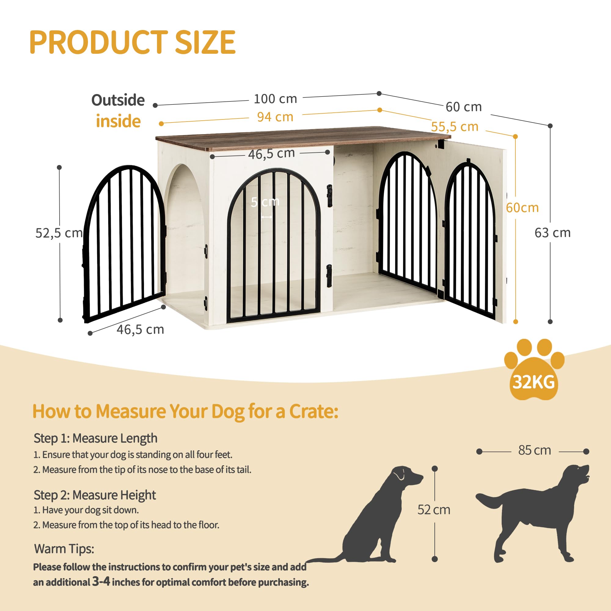 Hzuaneri Hundekäfig Möbel, 100cm Hundebox für Zuhause, 3 Türen, Bogentür, Moderne Hundebox Indoor für Hunde, Beistelltisch, Hundekäfig Hochbelastbar, 100 x 60 x 63 cm, Weiß Braun DFC84114B