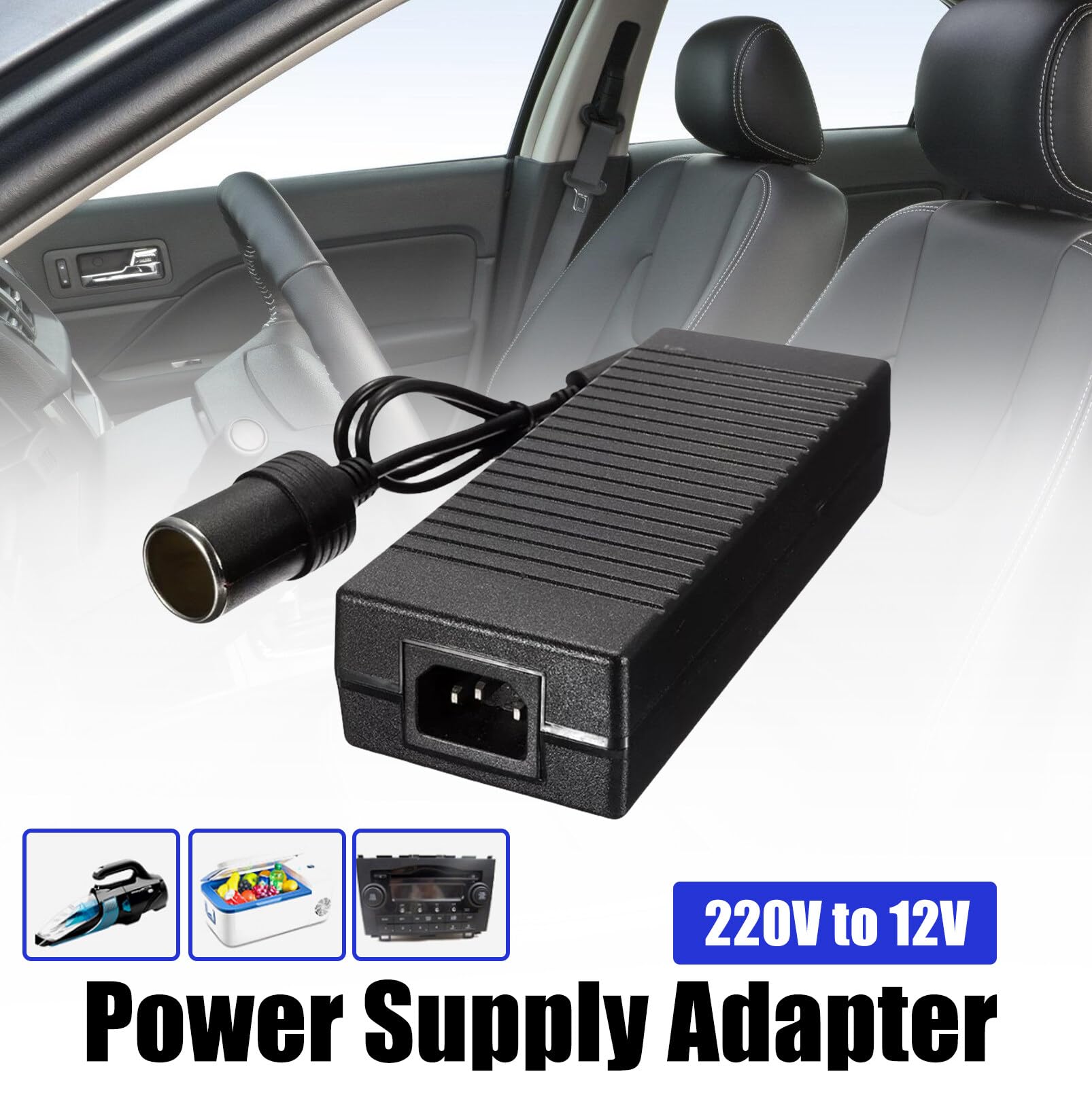 Adapter sieciowy do samochodu, przetwornica napięcia 230 V na 12 V, 180 W/15 A, adapter z gniazdem zapalniczkowym, AC na DC zasilacz do lodówki i odkurzacza samochodowego
