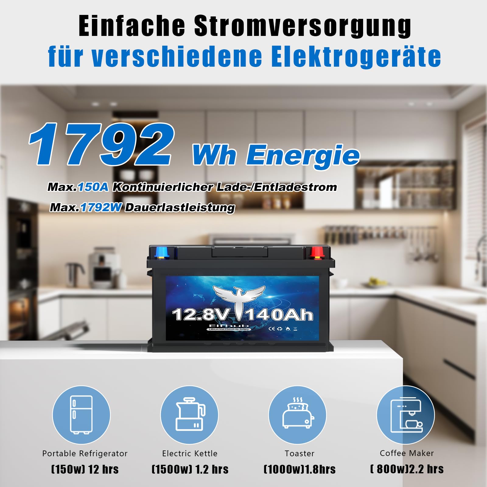 Batteria LiFePO4 H190 da 12 V e 140 Ah, altezza 189 mm, batteria al litio a ciclo profondo da 1792 Wh con BMS Bluetooth intelligente da 150 A, protezione dalle basse temperature, batteria di ricambio