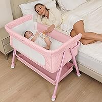 Kiniew Pink Bedside Bassinet for Newborns: Portable Adjustable Height Crib with Storage, Lockable Wheels & Soft Mattress