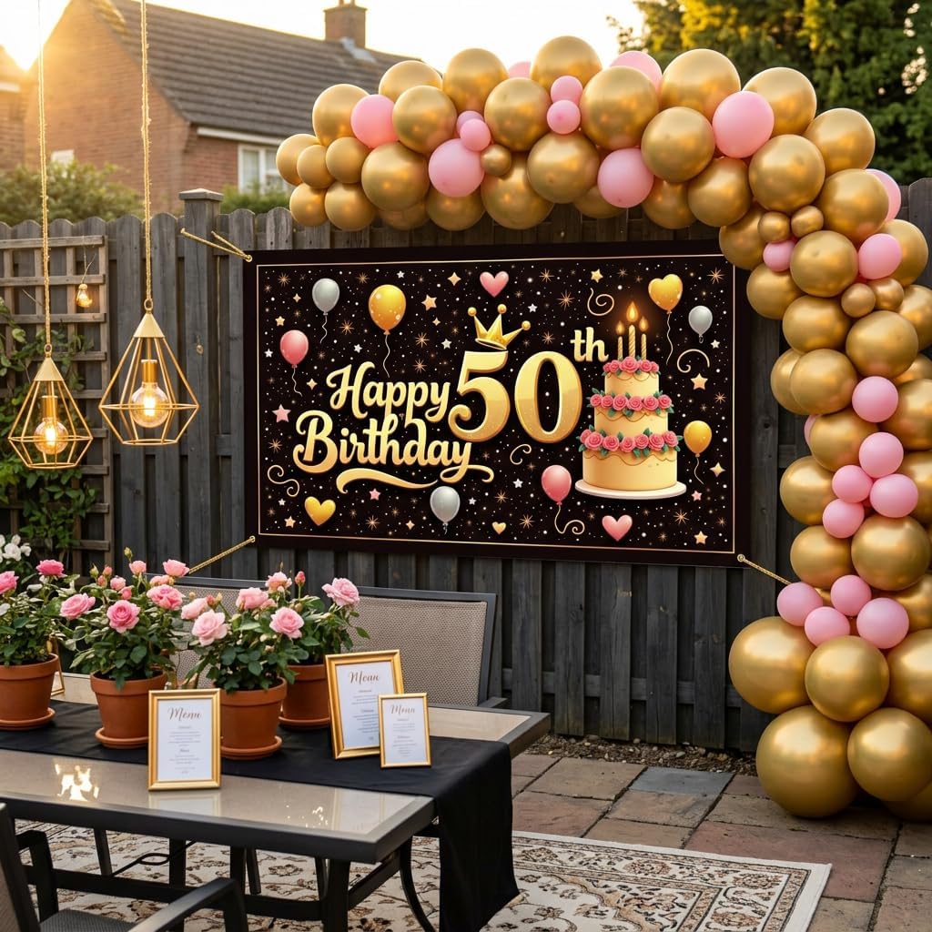 Black and Gold 50th Birthday Banner Backdrop - 70.9 x 43.3 Inch image 4