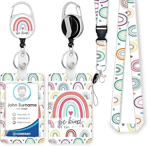 Soporte para tarjetas de identificación con cordón y clip retráctil para carrete de insignia,, Be Kind Rainbow