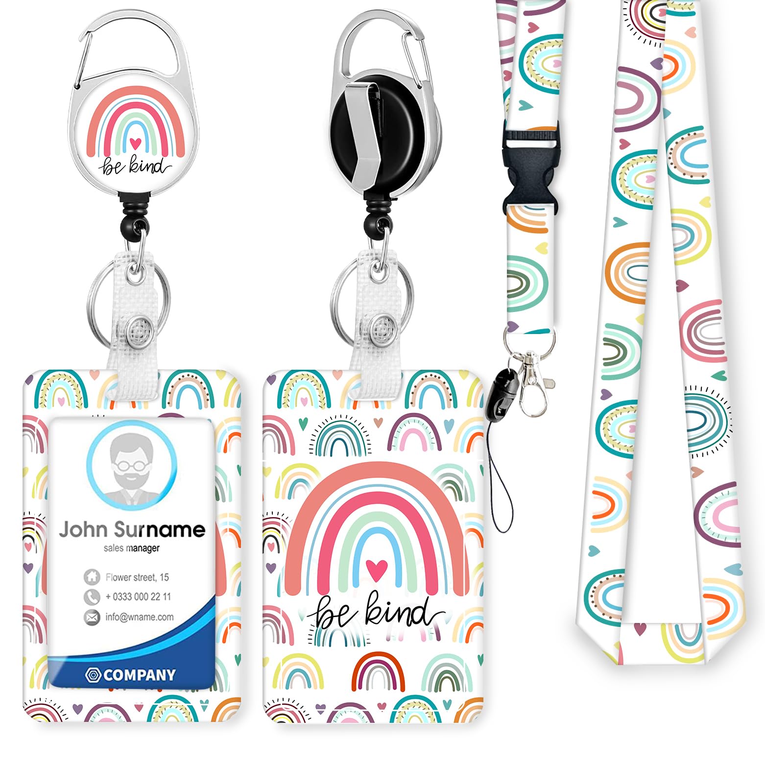 Be Kind Rainbow Lanyards for Id Badges,Id Badge Holder Retractable Heavy Duty Badge Reels Clip,Soft Breakaway Funny Lanyards,Vertical Id Badge Holder with Lanyard for Women Teacher Doctor Nurse Office