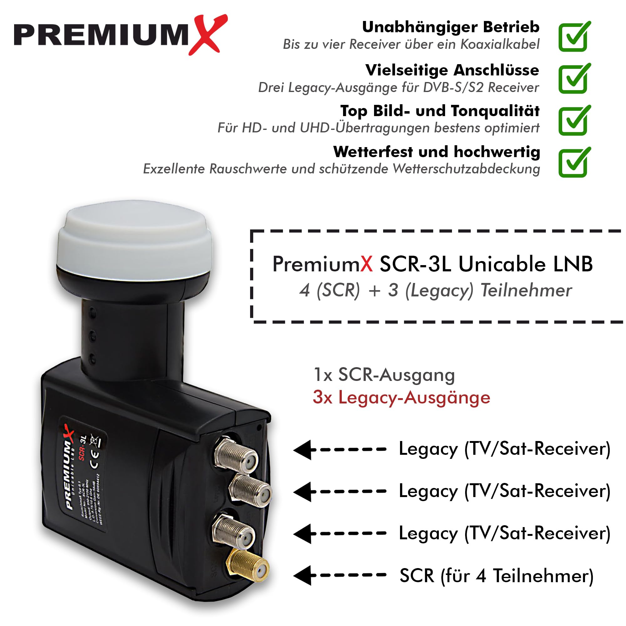 Premiumx SCR-3L SAT Unicable LNB SCR 3 Legacy sistema a cavo singolo Unikabel 4 + 3 partecipanti FullHD HDTV UltraHD 4K 8K
