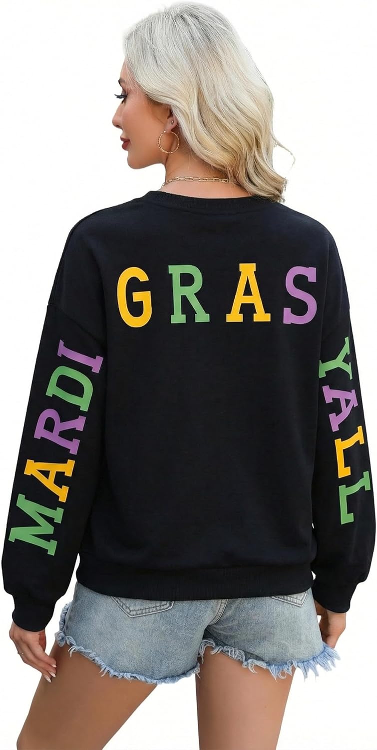 LUKYCILD Mardi Gras Sweatshirt for Women: Mardi Gras Yall Letter Print Sweatshirts New Orleans Outfits Holiday Tee Tops