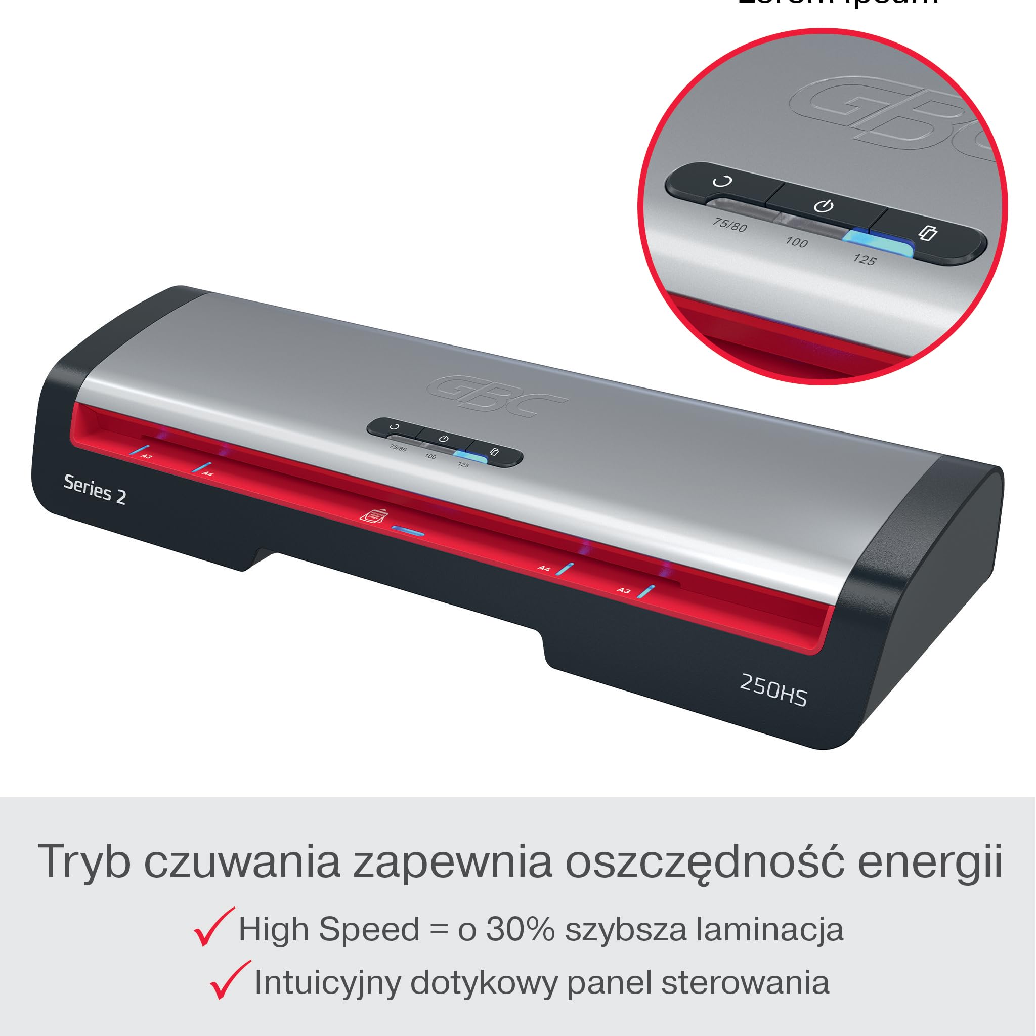 GBC 250HS Home Office Laminator A3 – Szybkie laminowanie, nagrzewanie w 1 minutę, 75–125 mikronów, funkcja przeciw zacięciom, auto wyłączanie, zawiera 5x folii A4, czarno-czerwony, 4410071EU