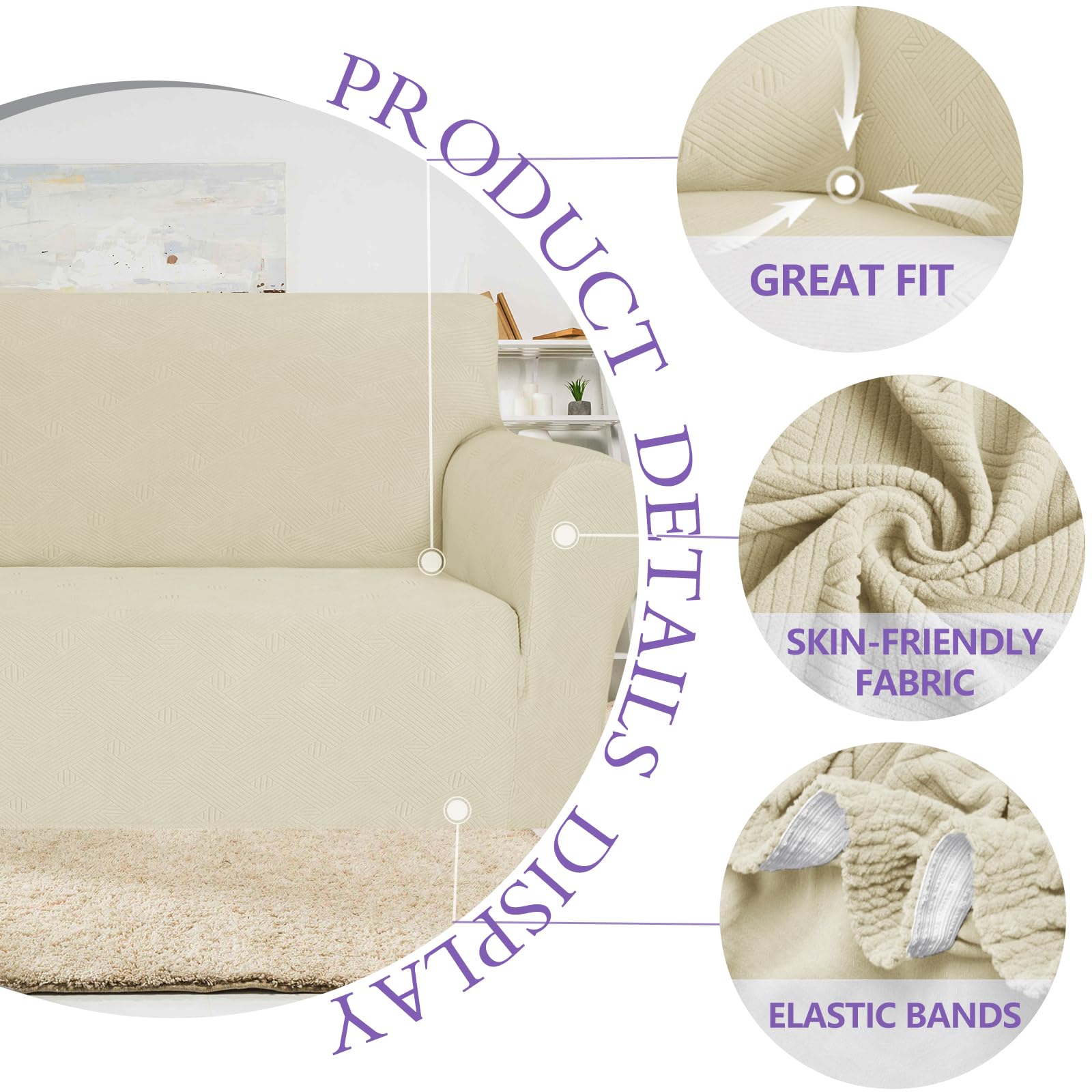Ystyle Housse de Canapé 3 Places avec Accoudoirs, Extensible, Antidérapante, Beige