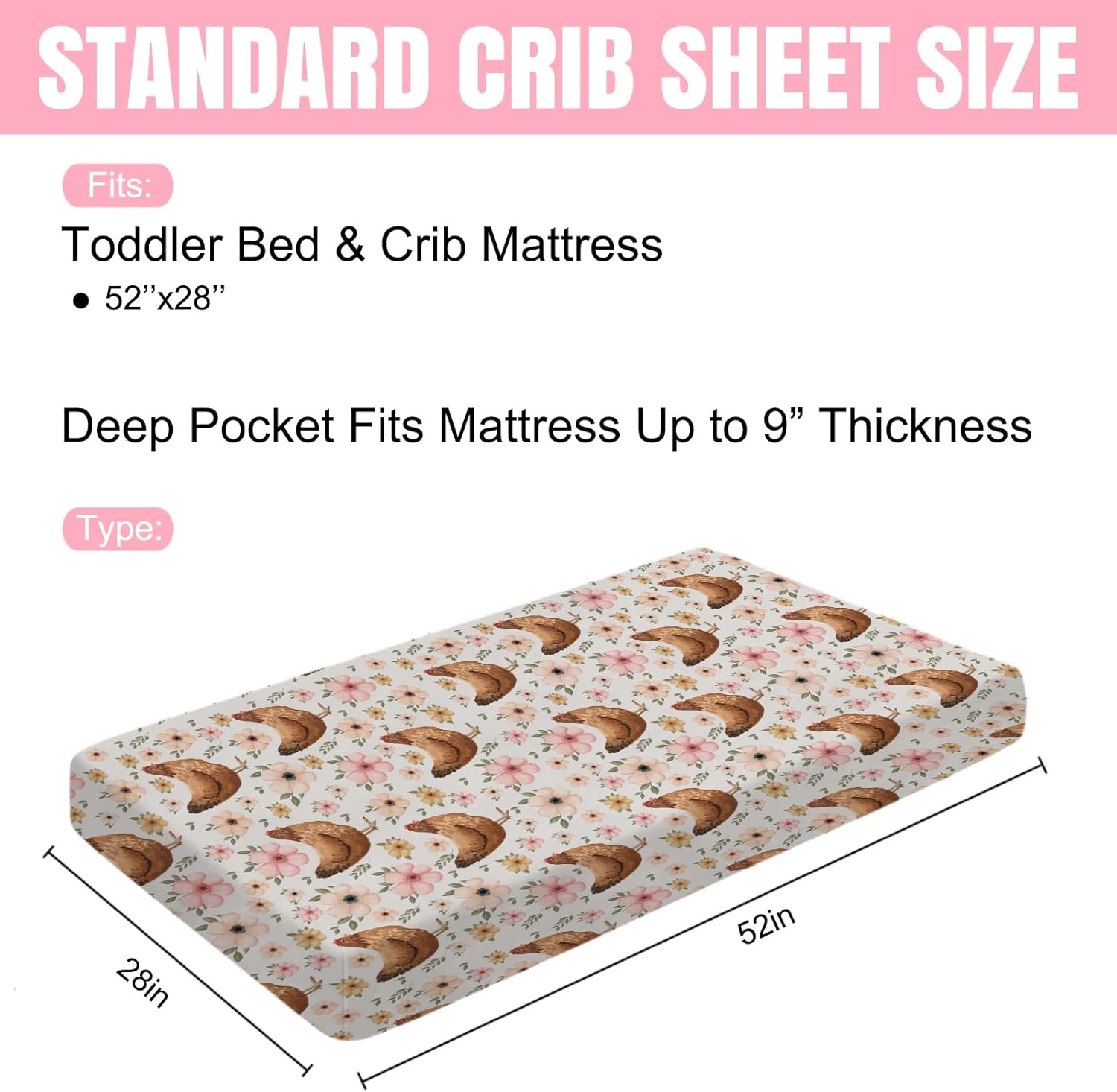 Vintage Hens Chicken Boho Floral Baby Crib Sheet 52''x28'' Farm Animal Flowers Stretchy Fitted Crib Mattress Sheet Covers for Boy Girl Nursery Bed Sheet for Standard Crib and Toddler Mattress