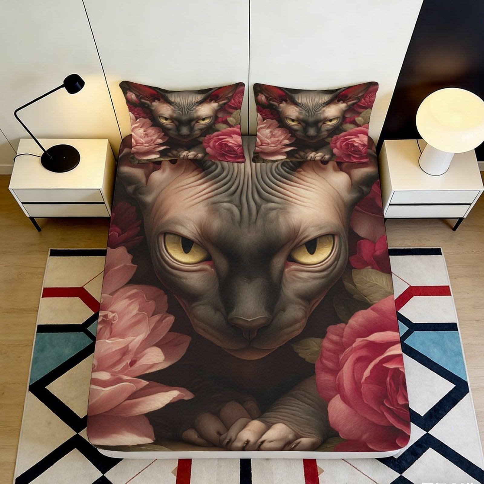 3D Printed Sphynx Cat Floral Fitted Sheet Microfiber Anti-Slip Mattress Cover Bedroom Decor Washable for All Ages 200x200x25cm