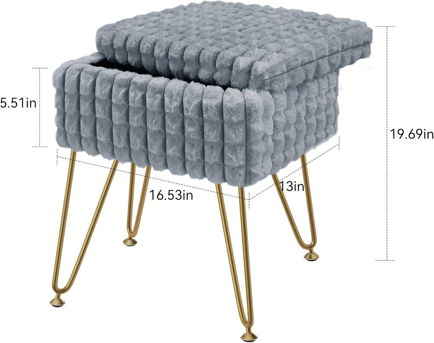 Rectangle Vanity Chair with Storage, Faux Fur Vanity Stool with Anti-Slip Adjustable Feet, Fur Footstool Ottoman for Makeup, Bedroom, Square Grid Pattern, Gary