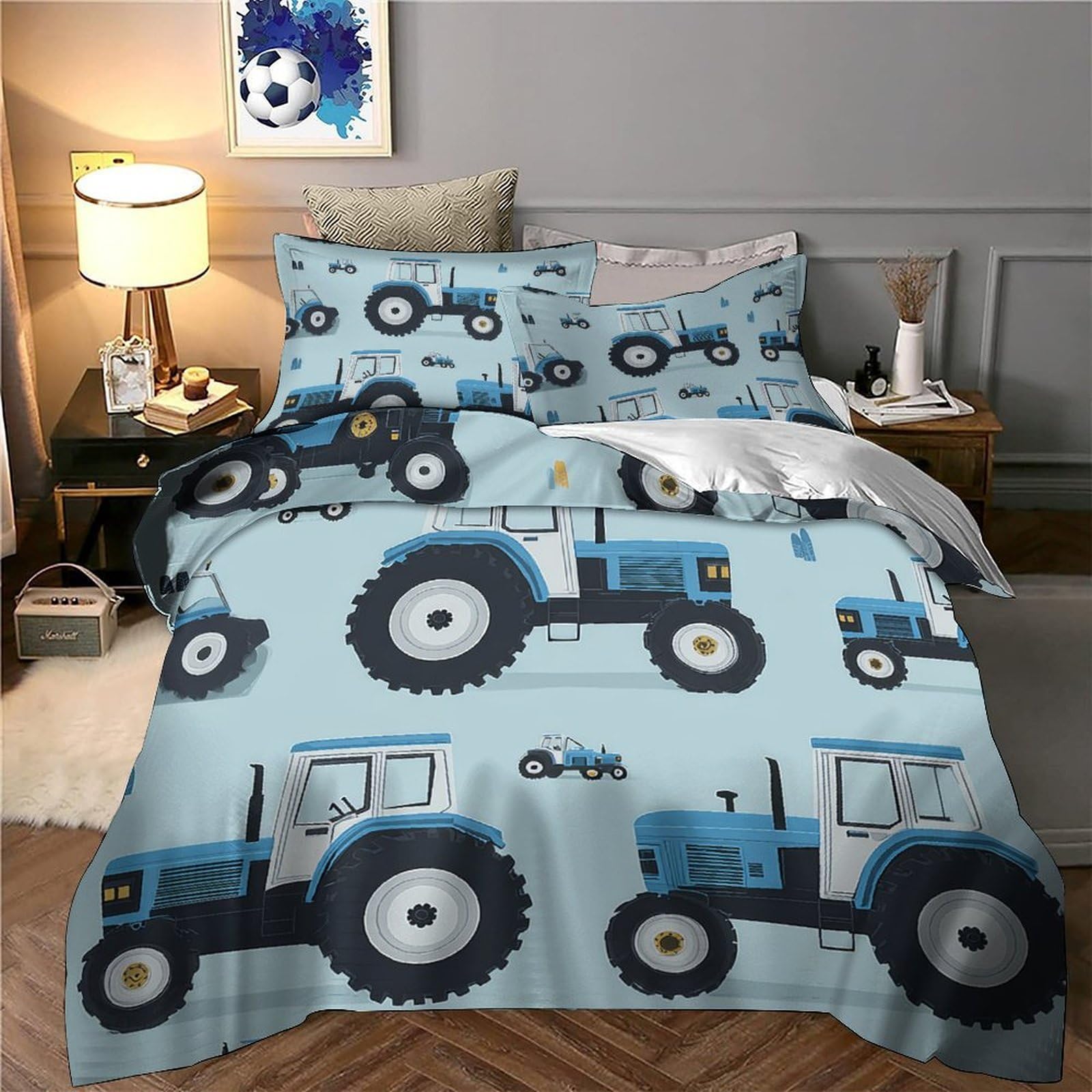 Kinder Traktor Bettwäsche Set Mikrofaser Blau Design