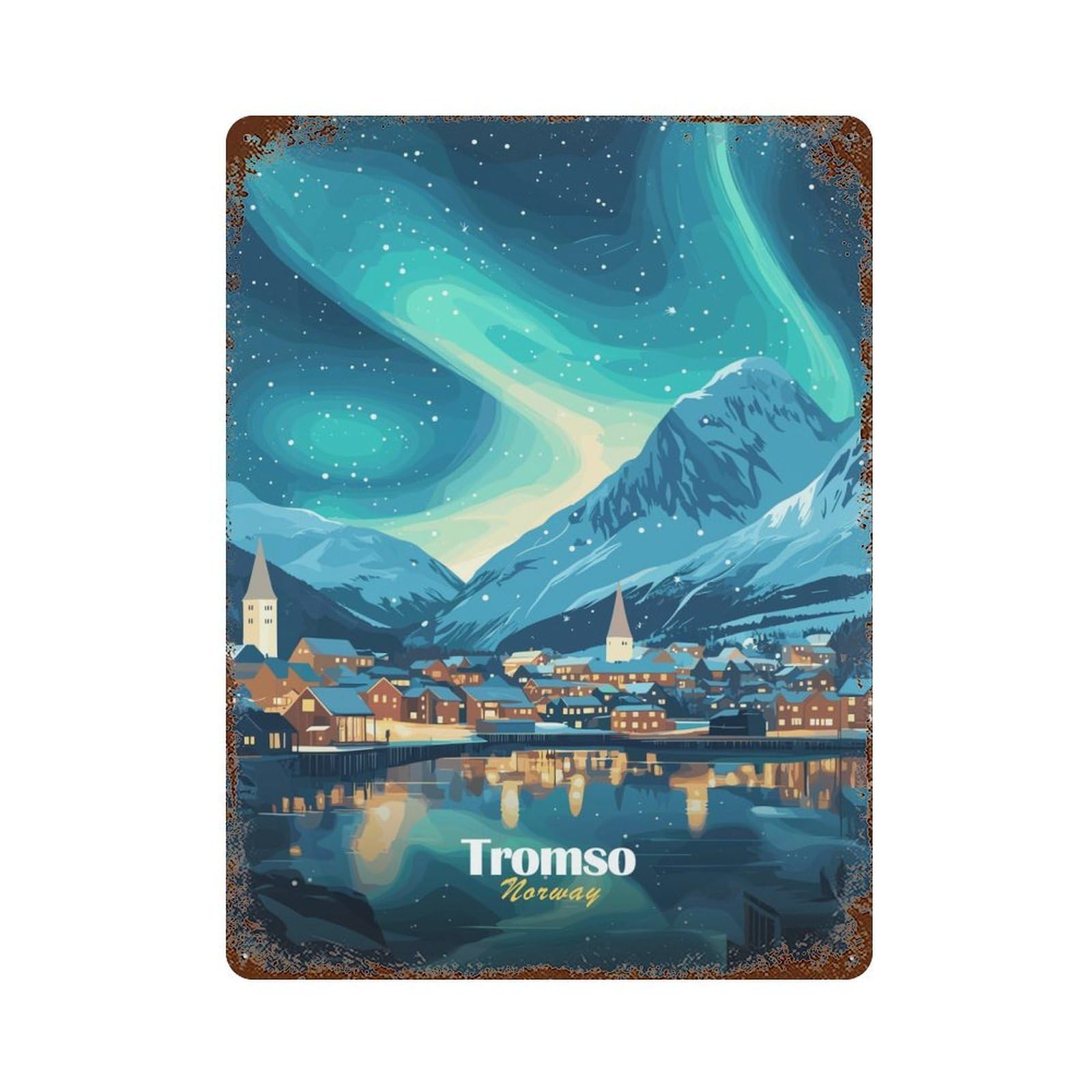 Tromso, Norway Night Sky Decorative Tin Sign 15.7"x11.8", Rustic Home Decor for Garage, Pub Or Kitchen