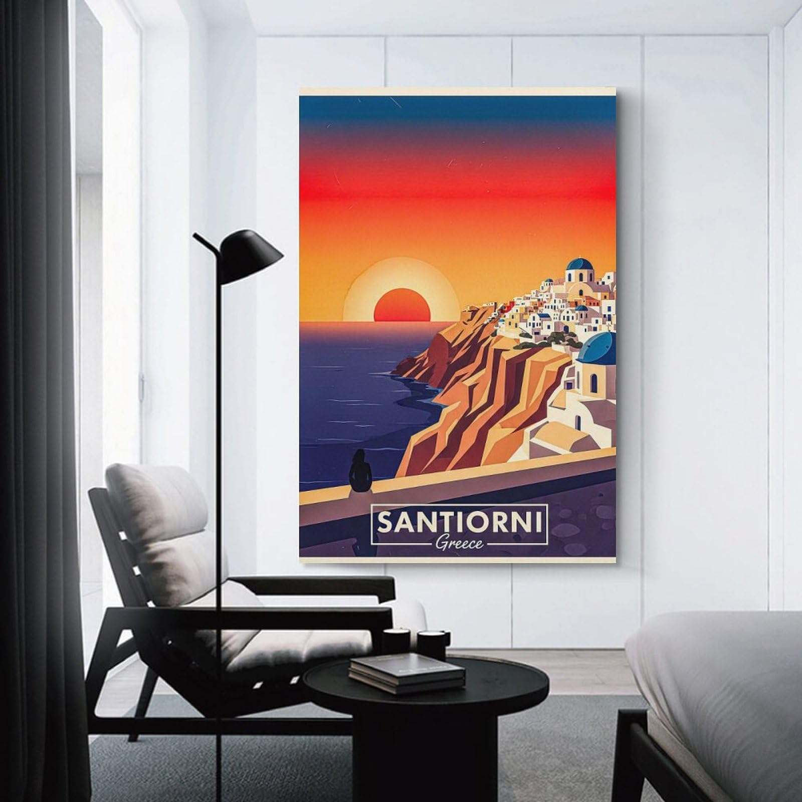 Junmoney Santorini Greece Sunset Travel Wall Art Print 24x36inch(60x90cm), for Corridors, Hallways Or Apartment Entries, Wall Decor to Refresh Empty Corners