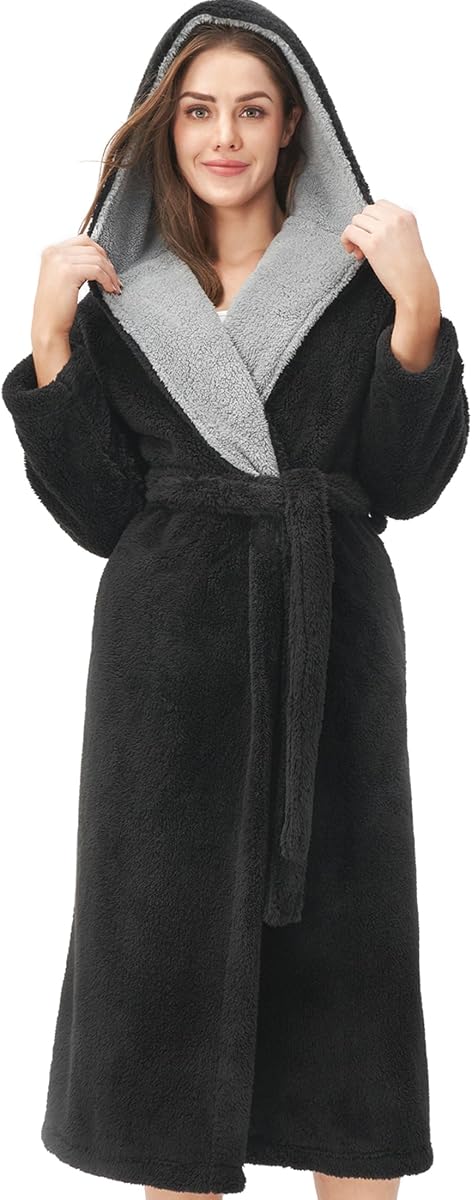 Plush Robes for Women Warm Thick Fleece Fluffy Luxury Cozy Soft Hooded Bathrobe Winter House Full Length