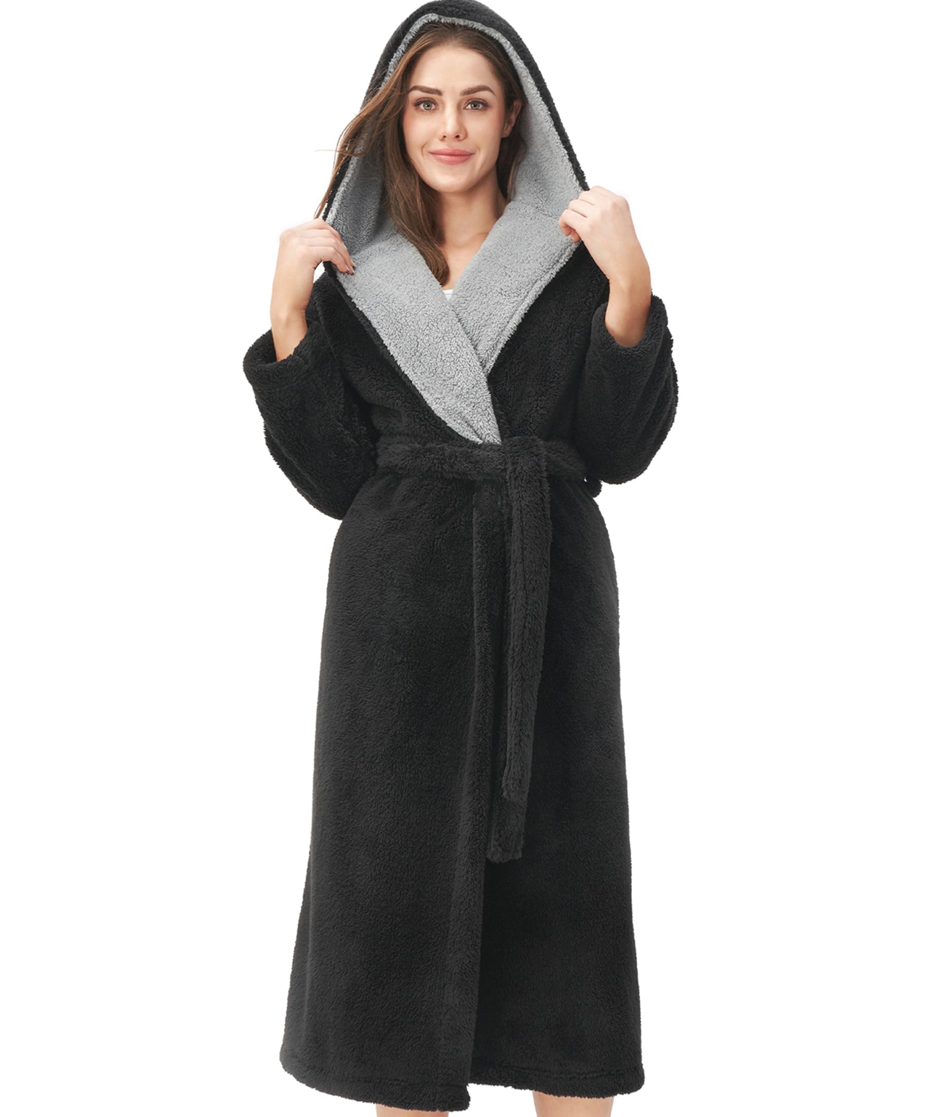 DAVID ARCHY Plush Robes for Women Warm Thick Fleece Fluffy Luxury Cozy Soft Hooded Bathrobe Winter House Full Length