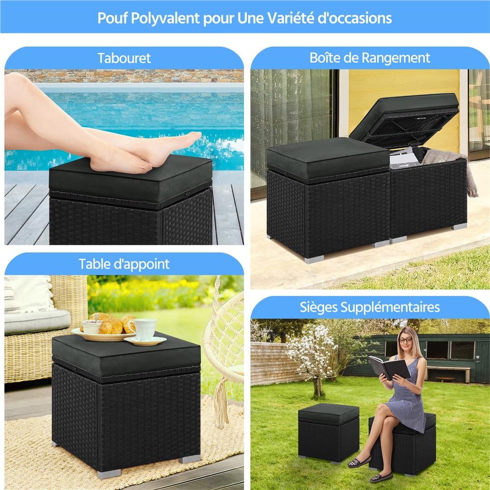 Yaheetech Poufs en Rotin pour Extérieur 2 pcs, Lot de 2 Ottomanes de Jardin en Rotin de Rangement avec Coussin 40 x 40 x 41 cm pour Amenagement Balcon Terrasse Noir/Gris