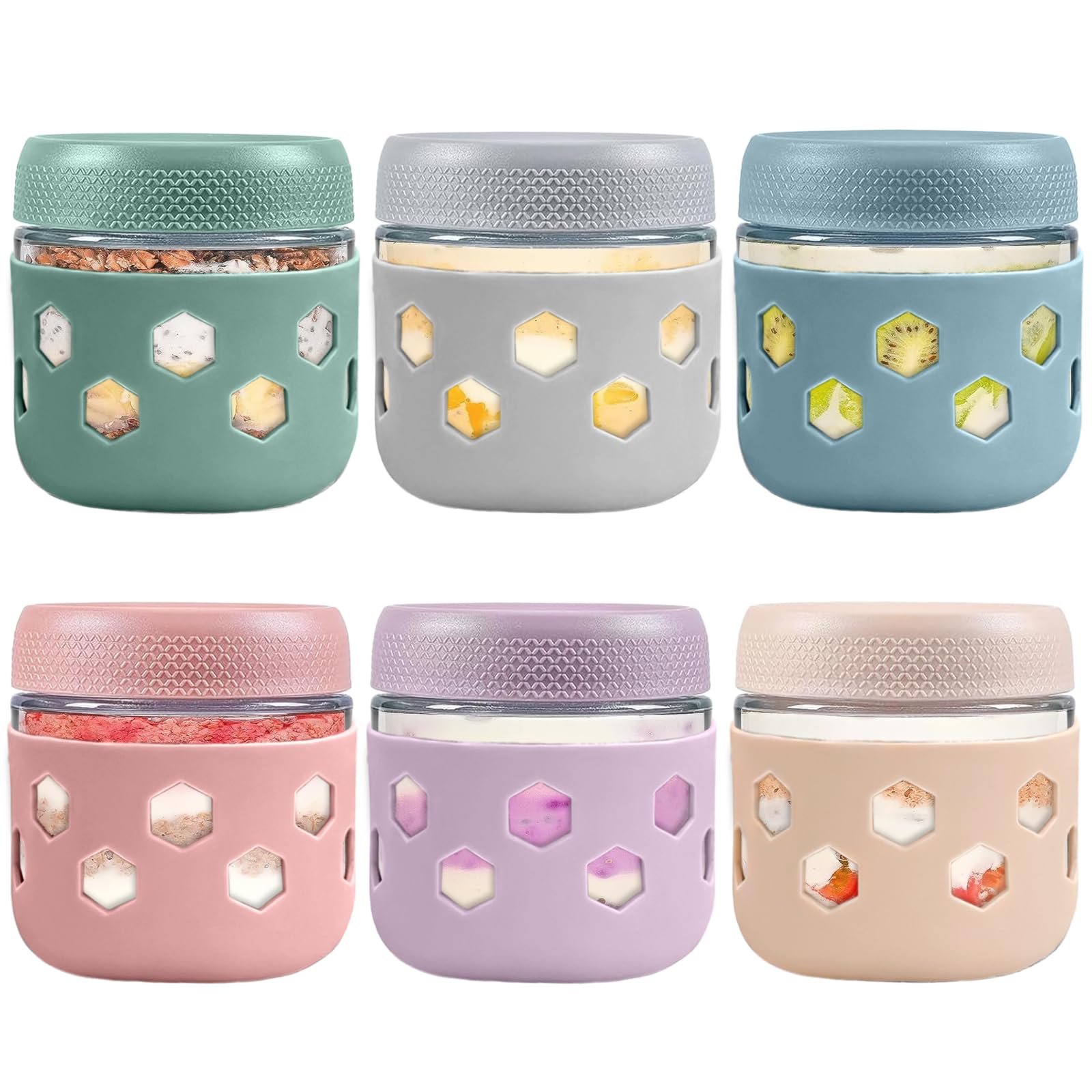 Overnight Oats Jar set 6, Glass Containers with Lids 350 ml, Mason Jars with Lids Silicone Sleeve, Overnight Oats Container Breakfast Pots with Screw Lid Leakproof, for Yogurt Pot Cereals Milk Fruit