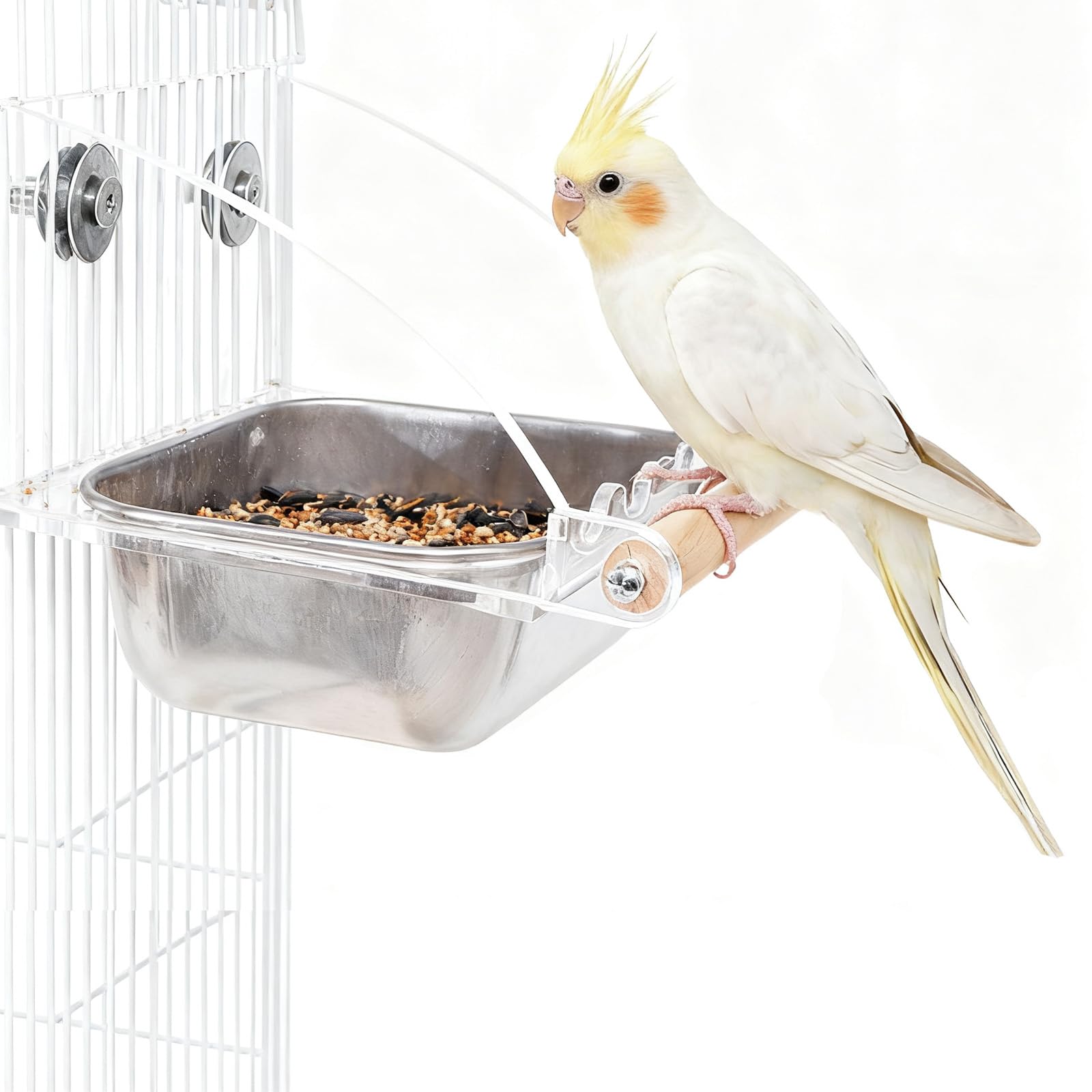 No Mess Bird Cage Feeder with Perch, No Spill Design Hanging Bird Feeders for Small Medium Birds, Easy to Clean Metal Seed Container with Secure Hooks for Indoor Cages Feeding