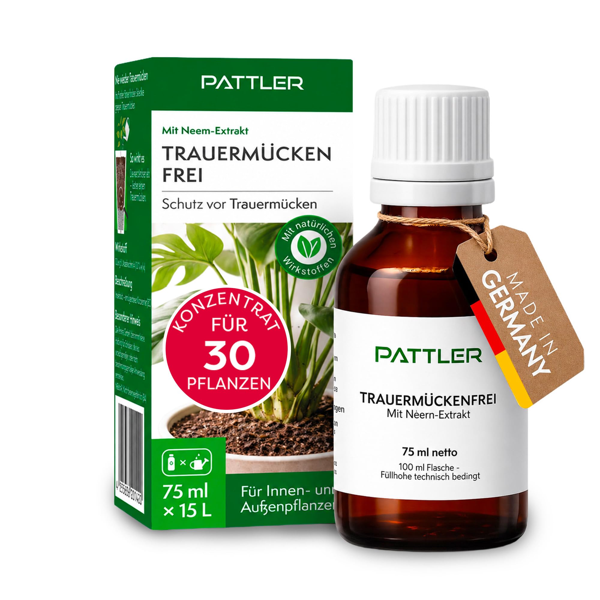 PATTLER Neem-Extrakt für Pflanzen – 75 ml, reicht für bis zu 30 Pflanzen. Pflanzenpflege bei Trauermücken Bekämpfen für Zimmerpflanzen, Balkon & Garten, pflanzenbasierte Formel mit Neemöl