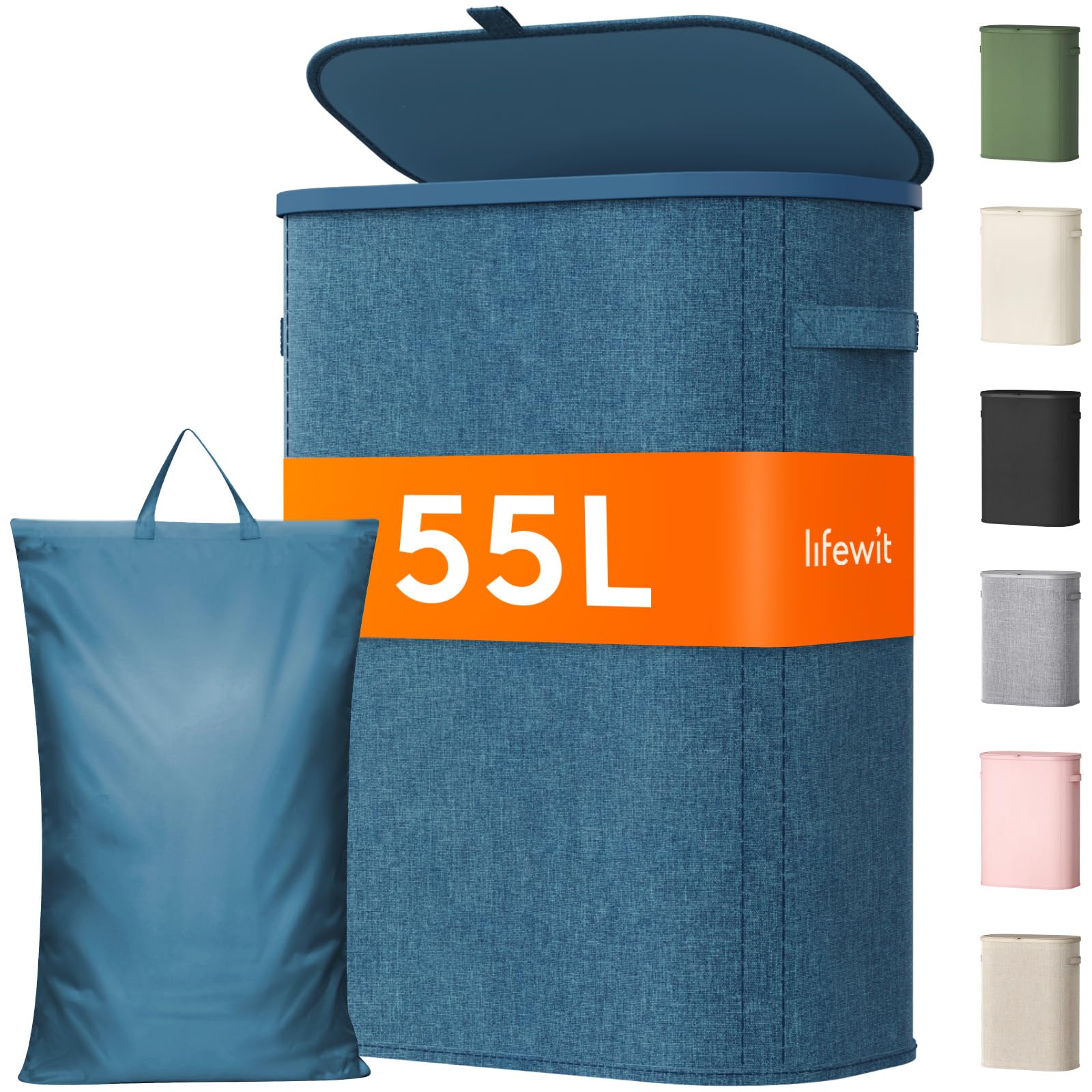 Lifewit 55L Laundry Basket with Lid, Slim Washing Basket with Handles and Bag, Large Foldable Dirty Clothes Organiser with Plastic Frame for Laundry Room, Bedroom, Bathroom, Blue