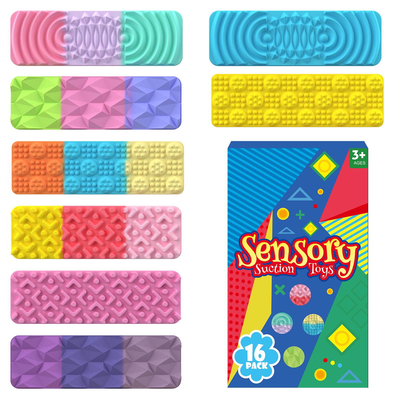 16 Pack Textured Sensory Suction Toys - Fidget Toys for Kids & Adults, Autism ADHD Sensory Fidgets, Classroom Travel Essentials, Quiet Stress Relief Suction Strips